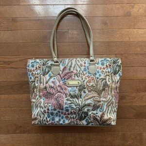 Vintage 80’s Floral Print Tapestry Shoulder Bag with Tan Accents